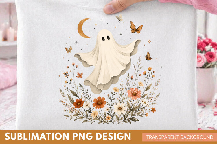 cute ghost PNG, ghost with wildflowers shirt design, botanic example image 1