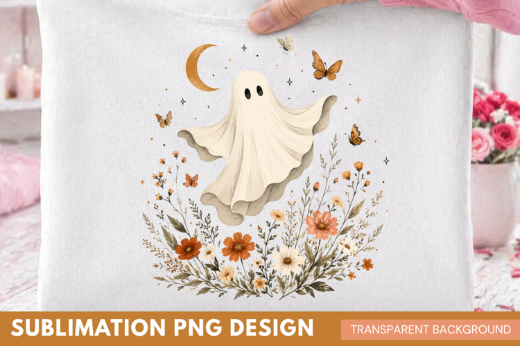 cute ghost PNG, ghost with wildflowers shirt design, botanic