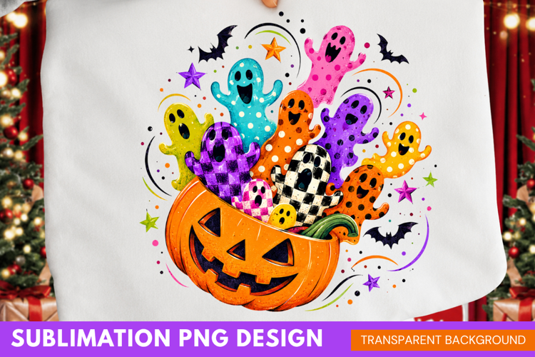 cute ghost squad PNG, colorful ghosts in pumpkin shirt png