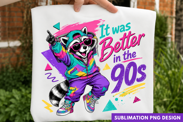 it was better in the 90s, retro 90s raccoon PNG, colorful