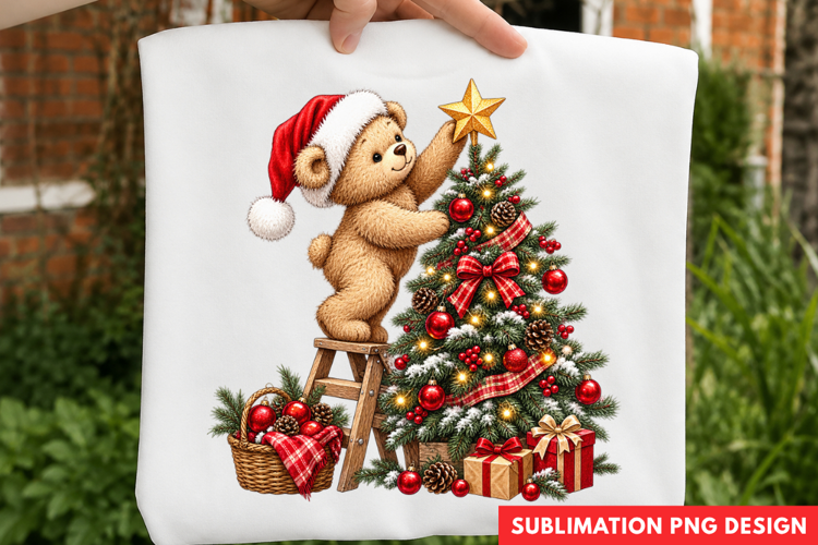 cute teddy bear PNG, bear wearing santa hat shirt design