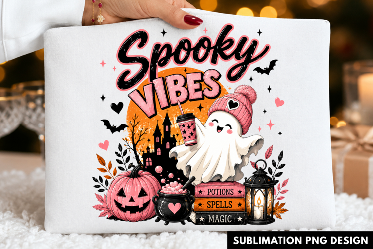 spooky vibes PNG, cute ghost shirt design, pink pumpkin witc