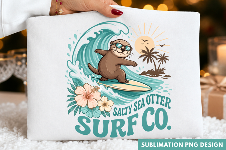 surfing otter PNG, sea otter surf co shirt design, tropical