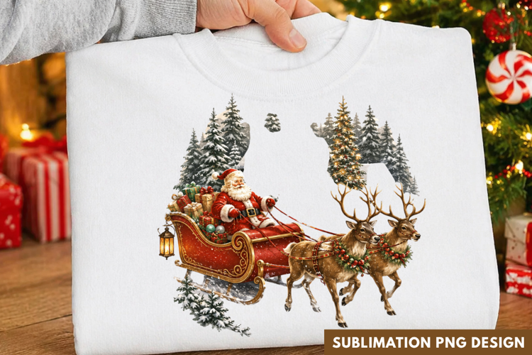 vintage santa sleigh PNG, santa flying with reindeer shirt