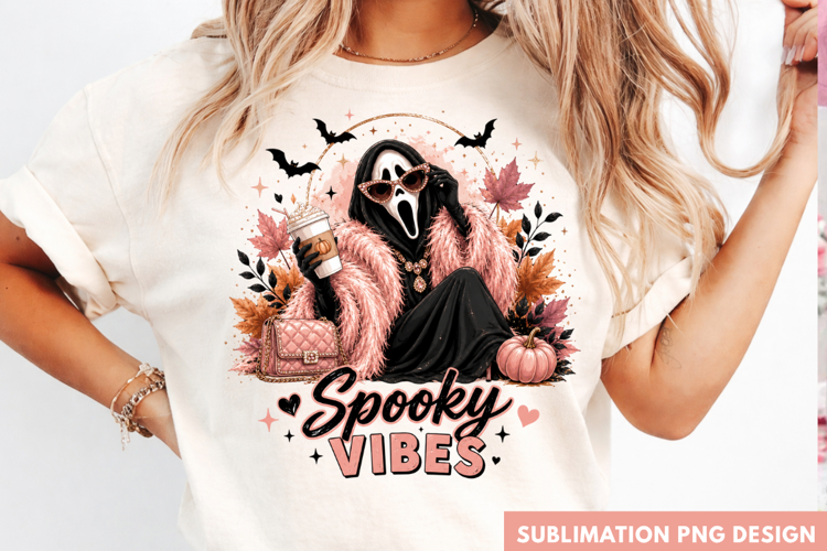 spooky vibes PNG, horror ghost mask shirt design, pink leopa