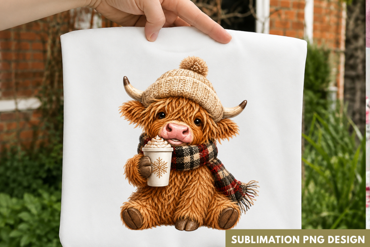 cute highland cow PNG, highland cow beanie shirt design
