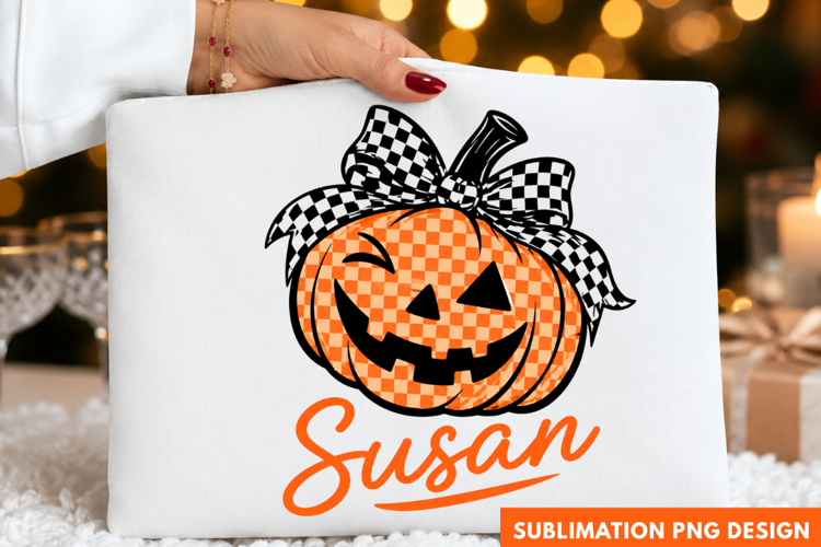 jack o lantern PNG, pumpkin plaid bow shirt design, orange