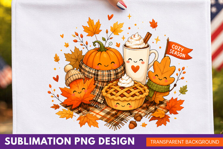 cozy autumn PNG, autumn pumpkin shirt design, hot cocoa example image 1