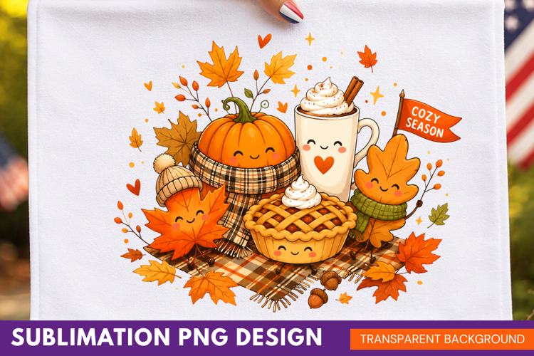 cozy autumn PNG, autumn pumpkin shirt design, hot cocoa