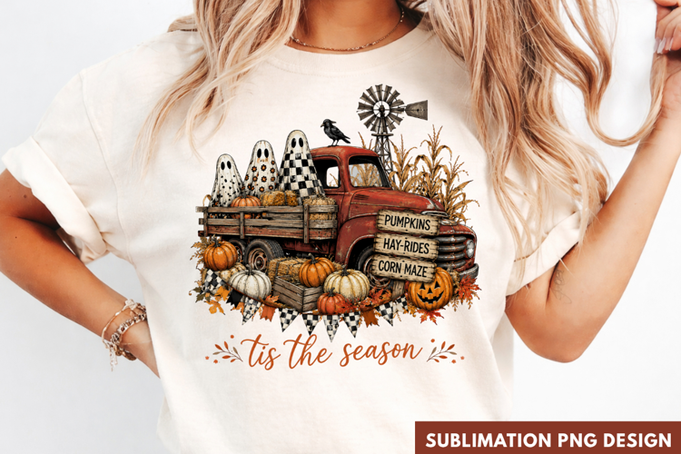tis the season PNG, vintage pumpkin truck shirt design,ghost