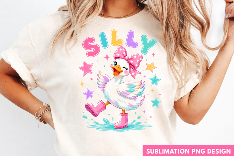 silly goose PNG, cute duck shirt design, duck with pink bow