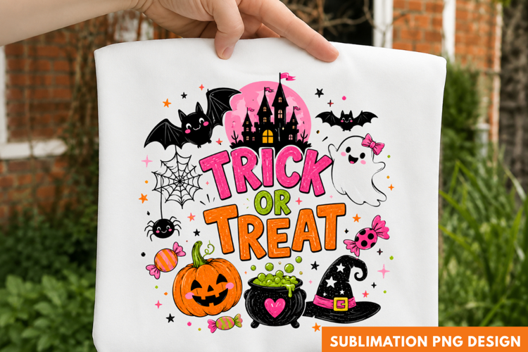 trick or treat PNG, haunted castle shirt design, cute ghost