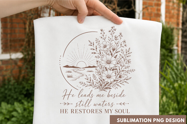 He Leads Me Beside Still Waters Floral Christian Bible Quote example image 1