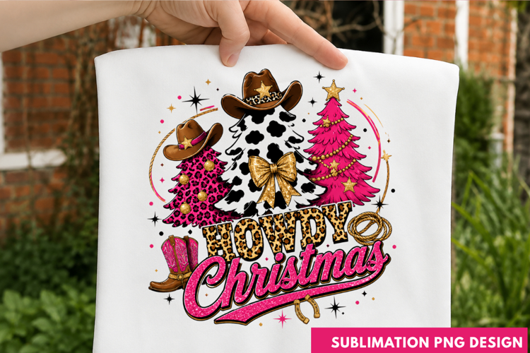Howdy Christmas Cowgirl Boots Pink Tree Western Holiday PNG