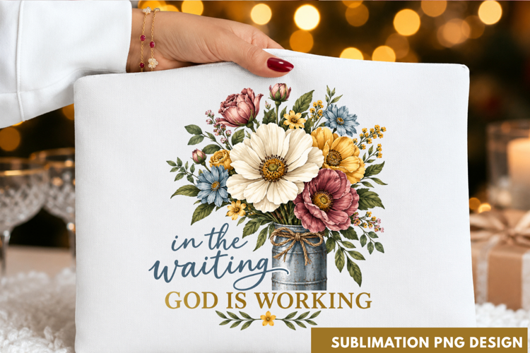 In The Waiting God Is Working Floral Mason Jar Faith PNG