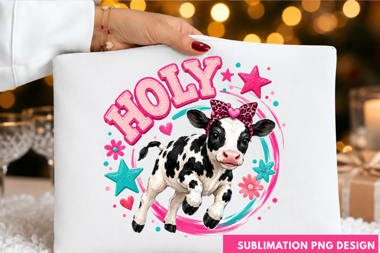 Holy Cow It's Christmas Cute Pink Floral Cow T-Shirt PNG