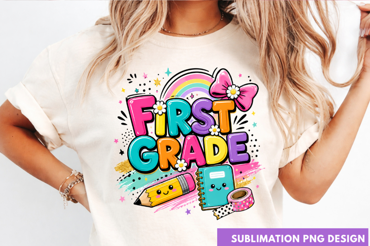 FIRST GRADE Back To School Rainbow Bow Cute Girl T-Shirt PNG