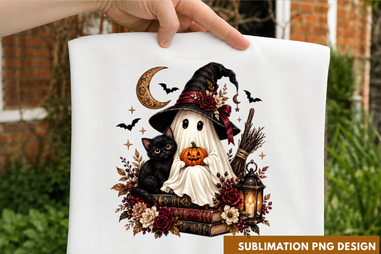 Cute Ghost Witch Hat Pumpkin Crescent Moon Halloween PNG example image 1