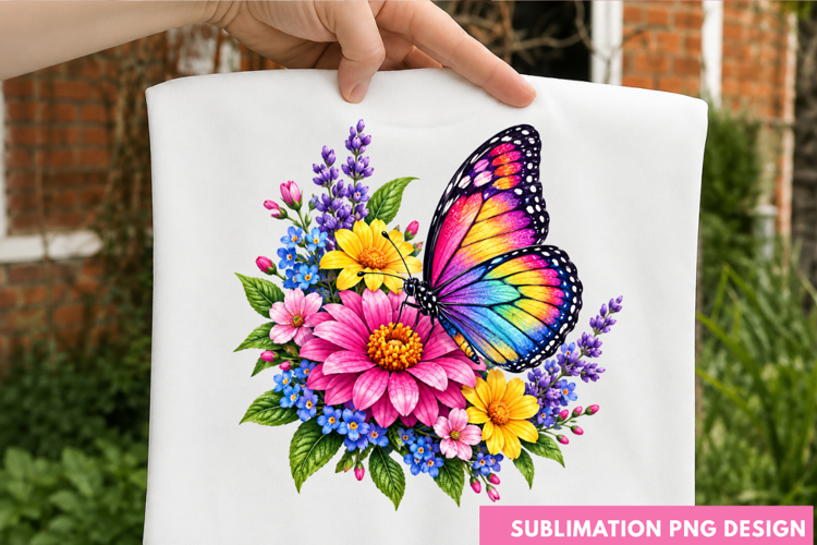 Colorful Rainbow Butterfly Floral Garden Spring T-Shirt PNG