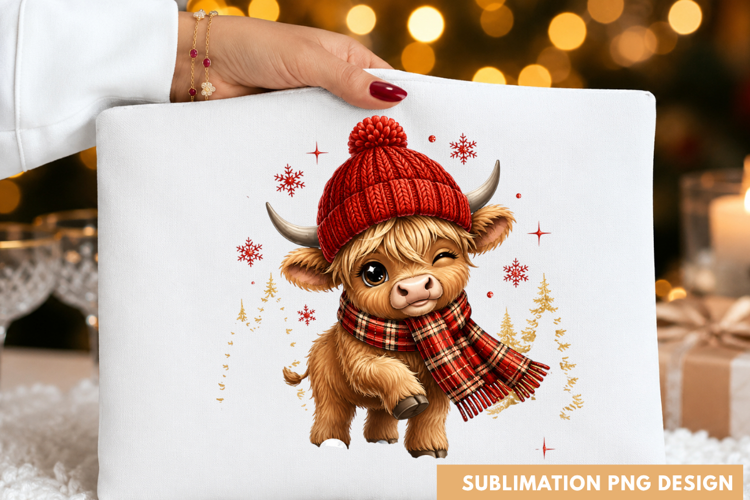 Cute Highland Cow Winter Beanie Scarf Snowflakes PNG
