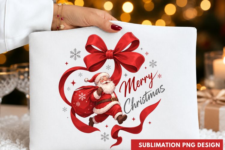 Merry Christmas Santa Claus Red Bow Wreath Holiday PNG merry