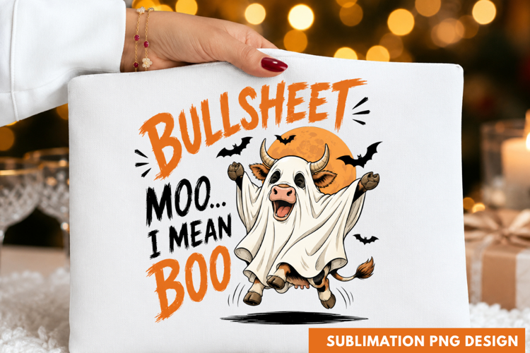 BULLSHEET Moo I Mean Boo Funny Ghost Cow Halloween PNG