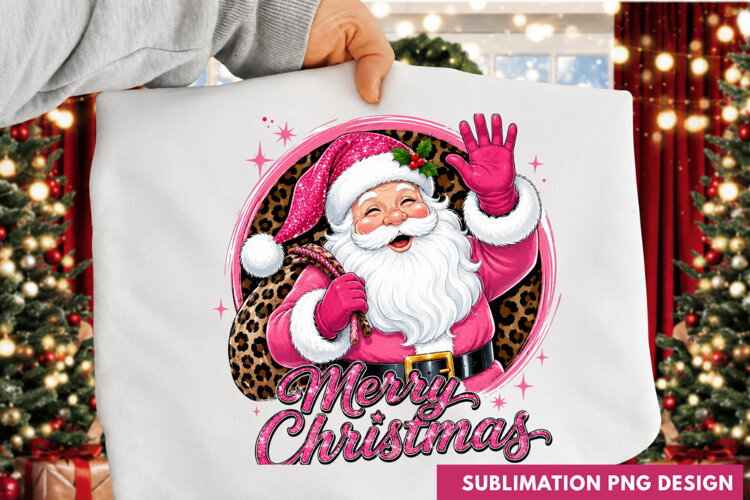 Merry Christmas Waving Santa Claus Pink Frame Holiday PNG example image 1