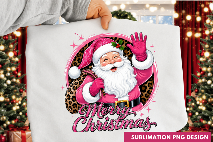 Merry Christmas Waving Santa Claus Pink Frame Holiday PNG