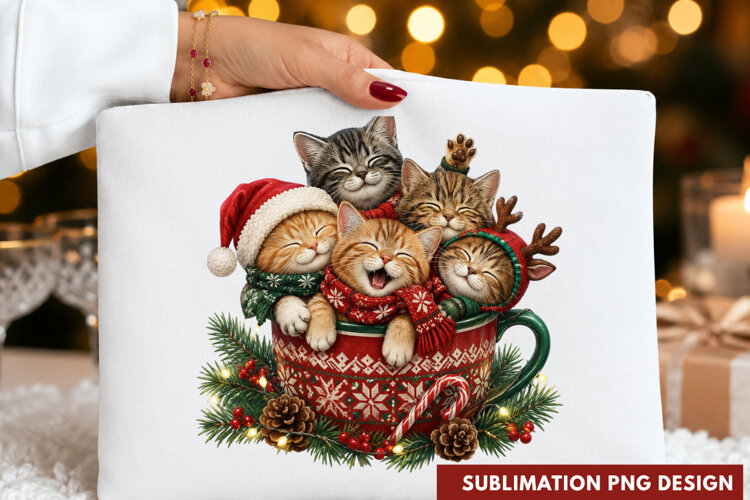 Cute Kittens Teacup Christmas Stocking Winter Holiday PNG example image 1