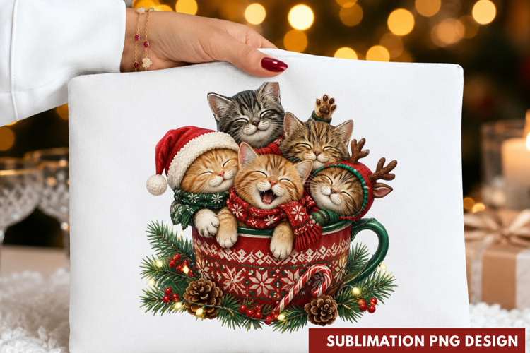 Cute Kittens Teacup Christmas Stocking Winter Holiday PNG
