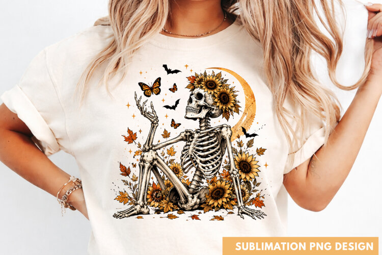 floral skeleton PNG, skeleton with sunflowers shirt design, example image 1