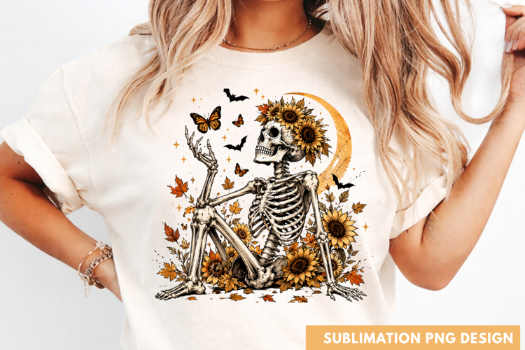 floral skeleton PNG, skeleton with sunflowers shirt design,