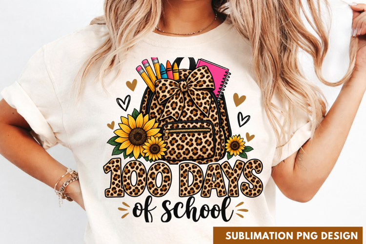 100 days of school PNG, leopard print backpack shirt design