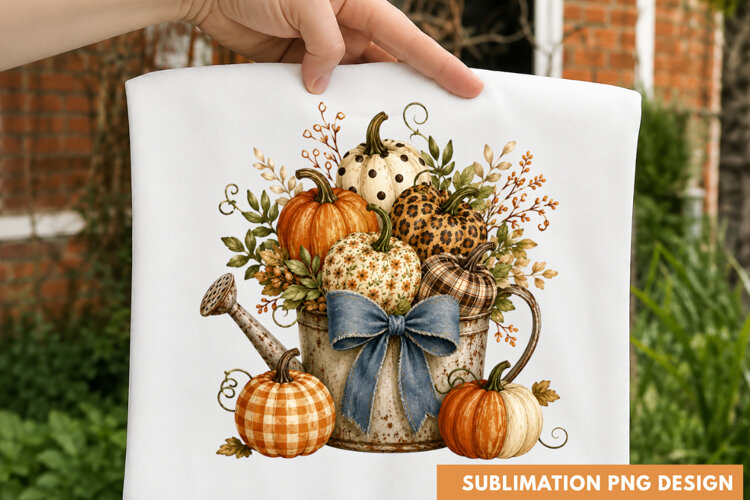 autumn harvest pumpkins PNG, pumpkins in watering can shirt example image 1