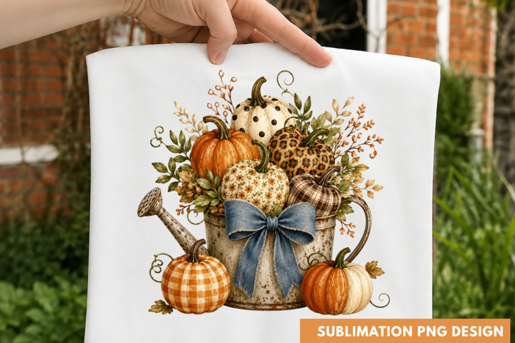 autumn harvest pumpkins PNG, pumpkins in watering can shirt