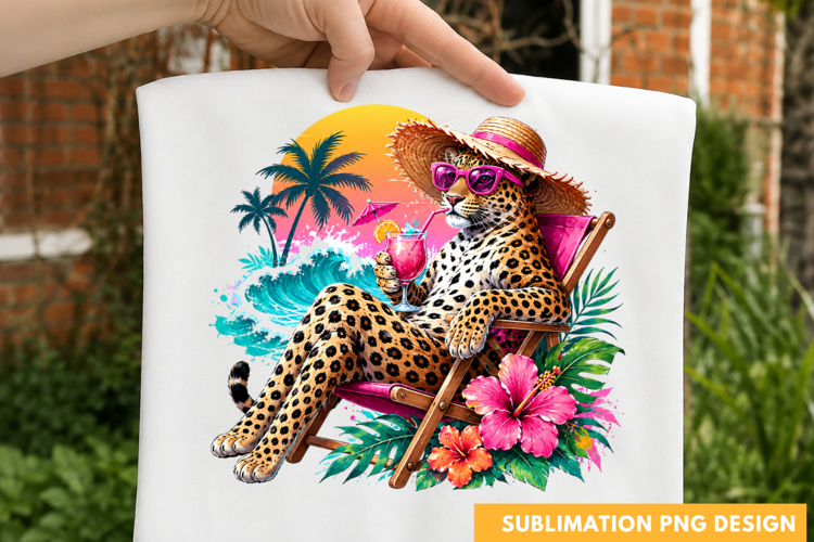 retro summer cheetah PNG, leopard in sun hat shirt design