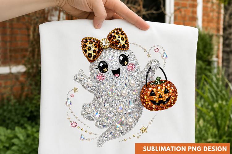 cute ghost PNG, ghost with leopard bow shirt design, pumpkin
