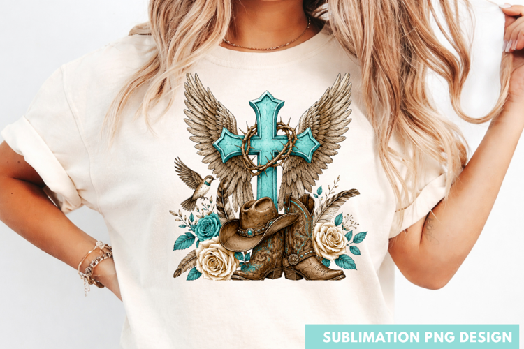 western cross PNG, cowboy boots cross shirt design, angel