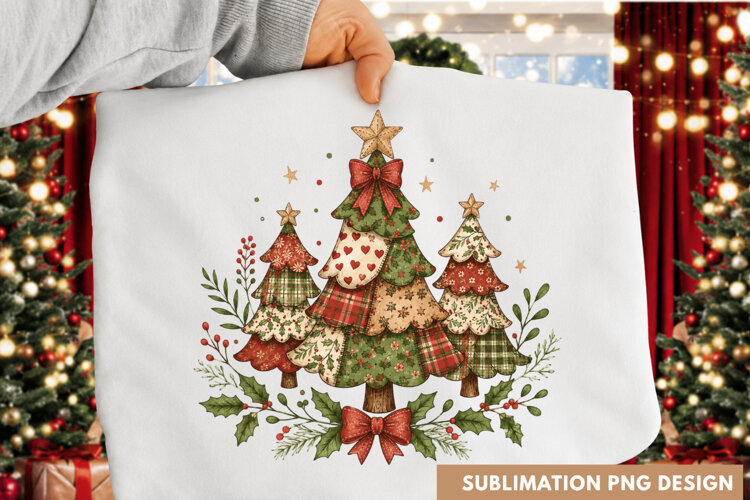 Vintage Christmas Trees Trio Floral Ribbon Holiday T-Shirt example image 1