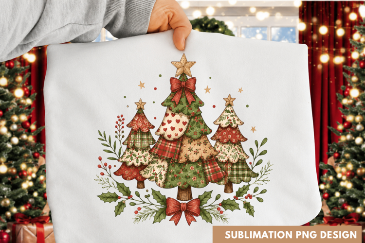 Vintage Christmas Trees Trio Floral Ribbon Holiday T-Shirt