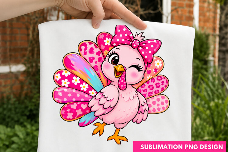 Cute Pink Turkey Thanksgiving Autumn Holiday T-Shirt PNG example image 1