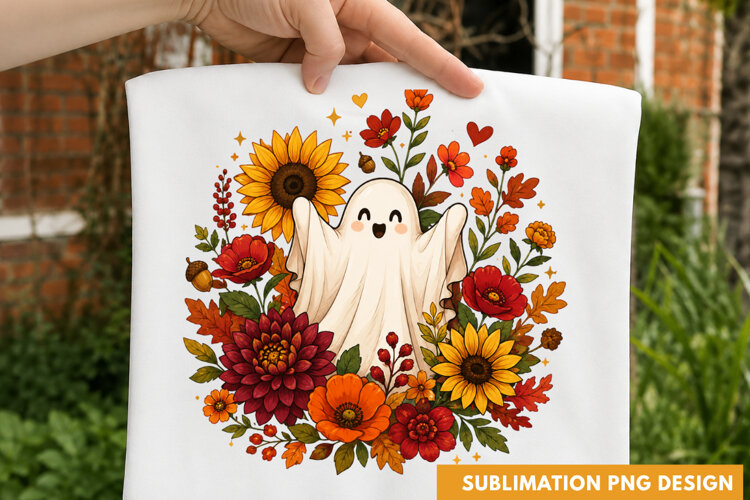 Cute Ghost Sunflowers Autumn Harvest Floral Wreath PNG example image 1