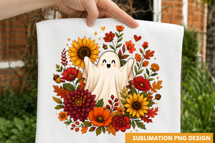 Cute Ghost Sunflowers Autumn Harvest Floral Wreath PNG