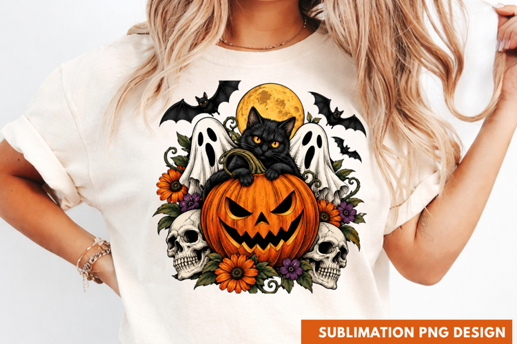 Cute Ghost Black Cat Pumpkin Full Moon Halloween T-Shirt PNG