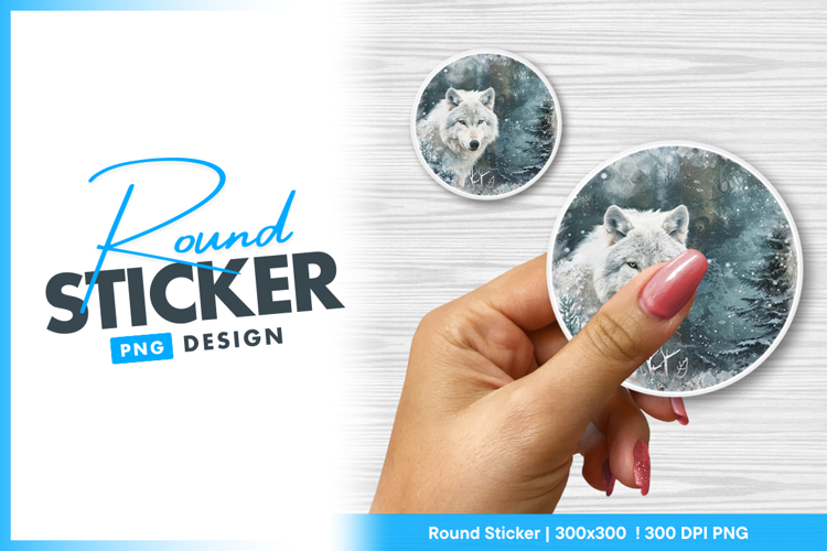Winter wolf portrait round sticker png example image 1