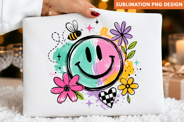 smiley face png, floral smiley png, colorful smiley png