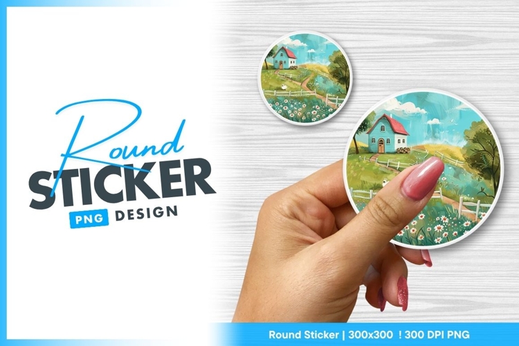 Countryside Cottage Illustration Landscape Round Sticker Png