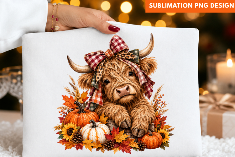 highland cow png, fall cow png, autumn highland cow, pumpki