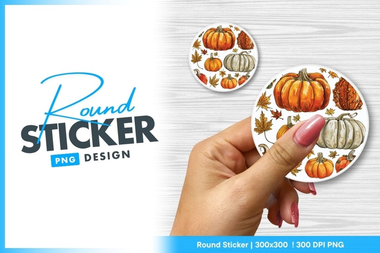 Watercolor Pumpkins and Autumn Leaves Round Sticker Png