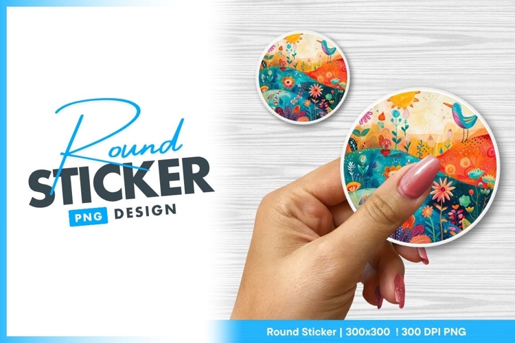 Colorful Floral Landscape with Bird Sun and Round Sticker